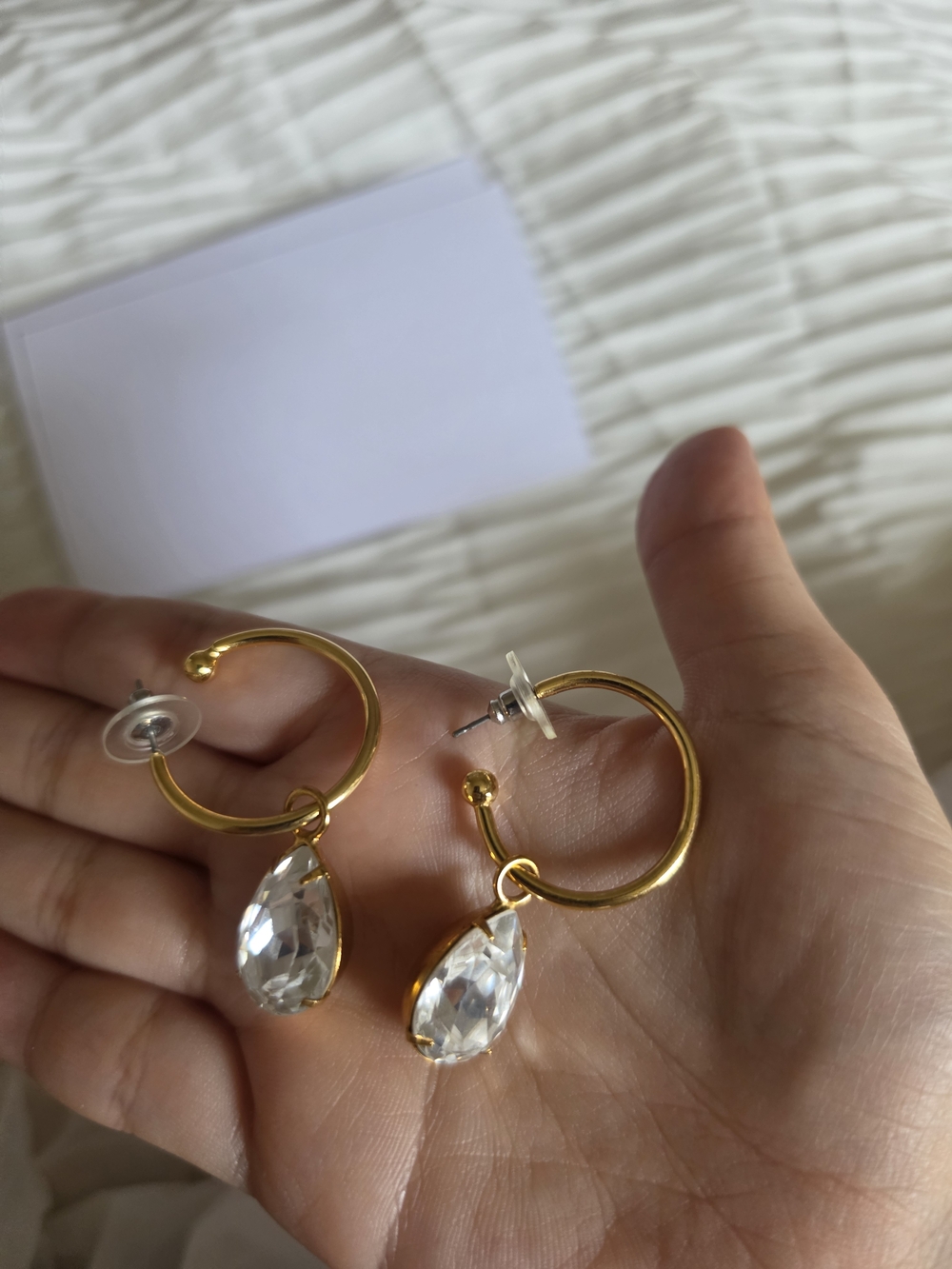Jennifer Behr Gold Hoop Earrings with Clear Teardrop Crystals